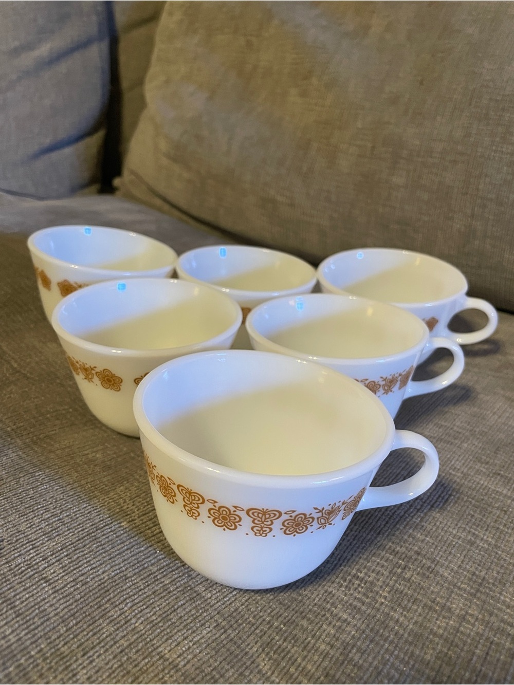 Vintage Lot of 6 PYREX CORNING Butterfly Gold Milk Glass Floral Flat Cup Mug